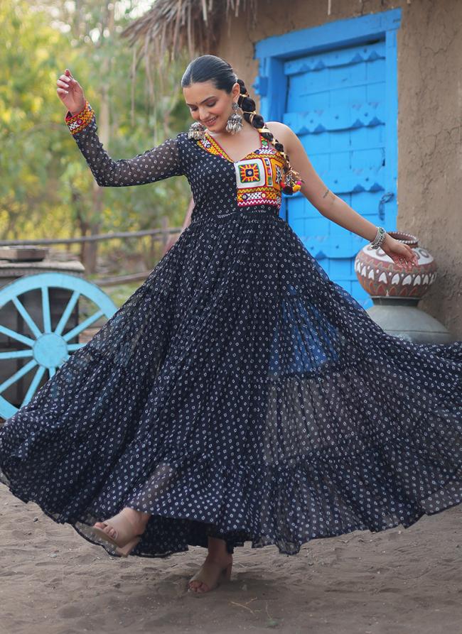 Faux Georgette  Black Festival Wear Bandhani Print With Kutchi Patch Work Readymade Gown